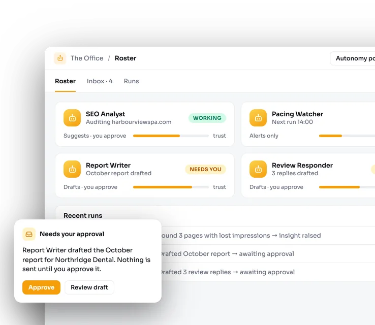 The Office in Agency Stack: a roster of AI employees with their status and trust level, a log of recent runs with costs, and a draft waiting for human approval.