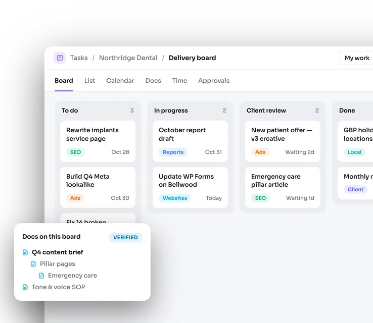 Agency Stack delivery board: a kanban with to do, in progress, client review and done columns, tasks tagged by service, and the docs linked to the board.